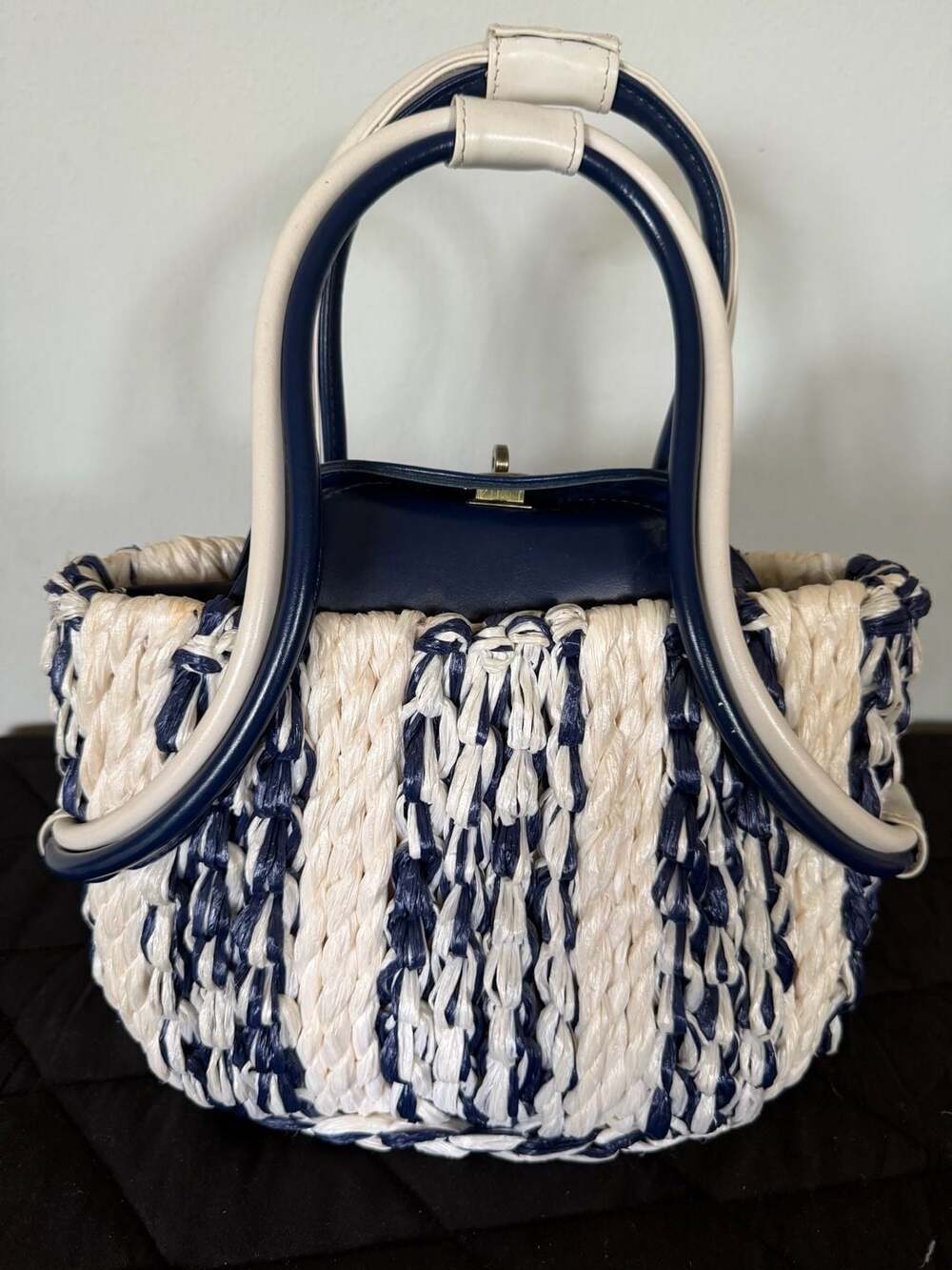 Vintage Walborg Hand-Crocheted Raffia Navy and White Stripe Top Handle Bag